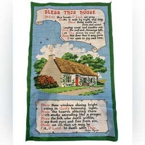 🔙📆VINTAGE Irish Linen Wall Hanging w/ Cottage Scene and “Bless This House” poem
